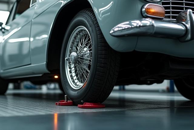 精密なレーザー装置でホイールアライメントを受けているヴィンテージカー